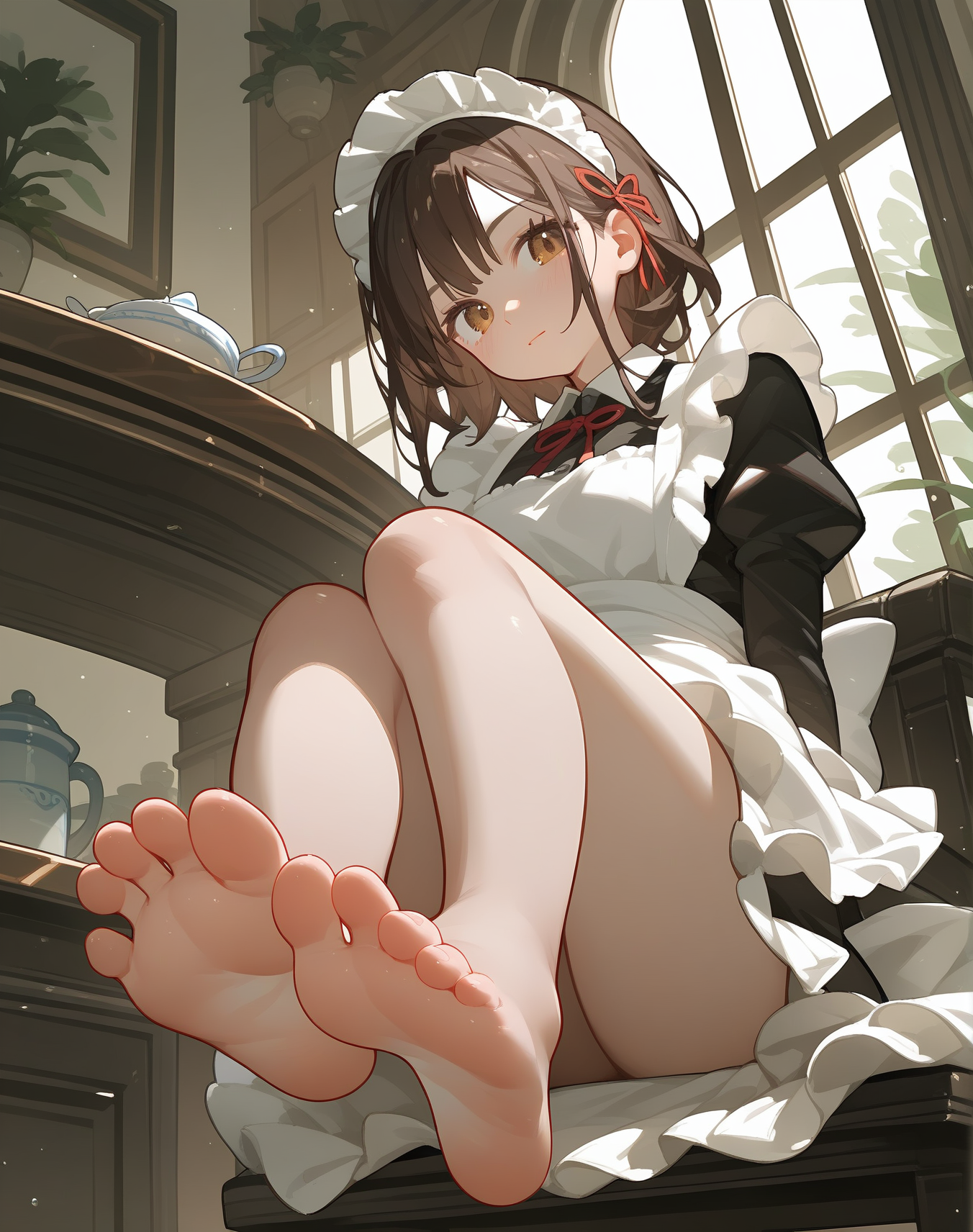 00002-2075153407-(score_9,score_8_up,score_7_up,),1girl,solo,maid,maid headdress,looking at viewer,apron,brown hair,indoors,black hair,bare foot,.png